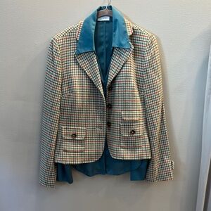 Chic Plaid Women's Jacket with coordinating Teal Blouse